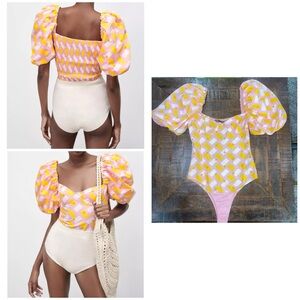Zara Puff Sleeve Cotton Poplin Smocked Bodysuit Size M Bloggers Favorite